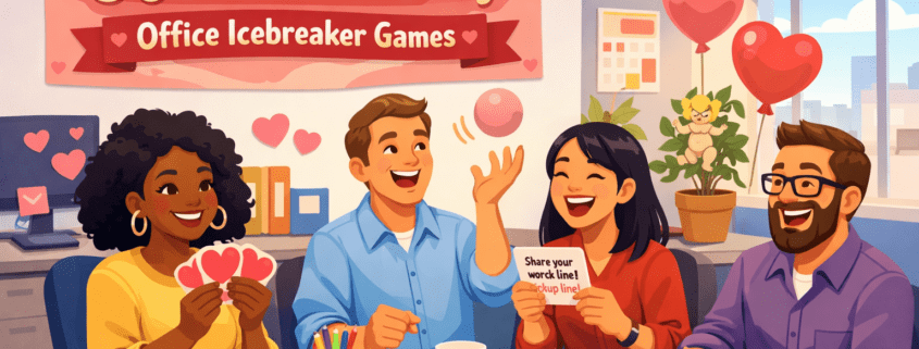 Illustration of a cheerful modern office celebrating Valentine’s Day, with a diverse group of smiling coworkers gathered around a table playing icebreaker games. One person holds heart-shaped cards, another tosses a pink ball, and another reads a funny prompt while everyone laughs. The office is decorated with heart garlands, heart-shaped sticky notes, a cupid-themed plant, and a coffee mug labeled “Love & Deadlines.” A banner in the scene reads “50 Valentine’s Day Office Icebreaker Games,” with open space on the left side, and subtle branding text “FunAttic. Since 1998” appears in the bottom-right corner.