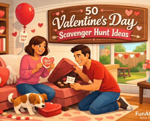 Playful Valentine’s Day illustration of a diverse couple doing a scavenger hunt in a cozy modern living room. One partner reads a heart-shaped clue while the other lifts a couch cushion to reveal chocolates and a love note. A small dog sniffs a heart-shaped box, candy clues trail across the floor, and heart decorations fill the room. Large windows show a sunny backyard. A decorative sign reads ‘50 Valentine’s Day Scavenger Hunt Ideas,’ with subtle branding text ‘FunAttic. Since 1998’ in the corner