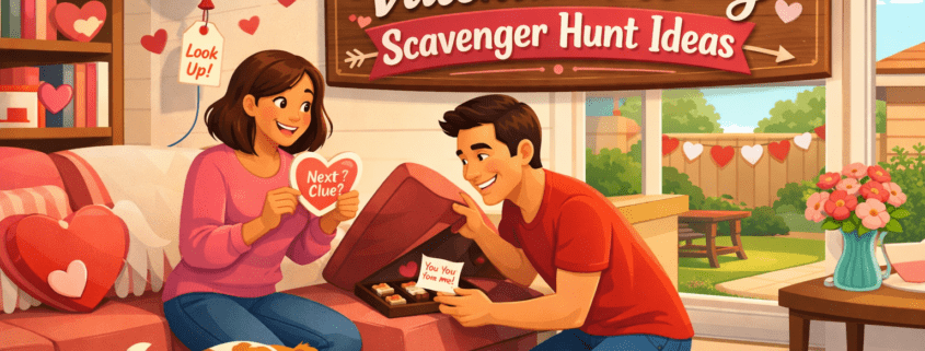 Playful Valentine’s Day illustration of a diverse couple doing a scavenger hunt in a cozy modern living room. One partner reads a heart-shaped clue while the other lifts a couch cushion to reveal chocolates and a love note. A small dog sniffs a heart-shaped box, candy clues trail across the floor, and heart decorations fill the room. Large windows show a sunny backyard. A decorative sign reads ‘50 Valentine’s Day Scavenger Hunt Ideas,’ with subtle branding text ‘FunAttic. Since 1998’ in the corner
