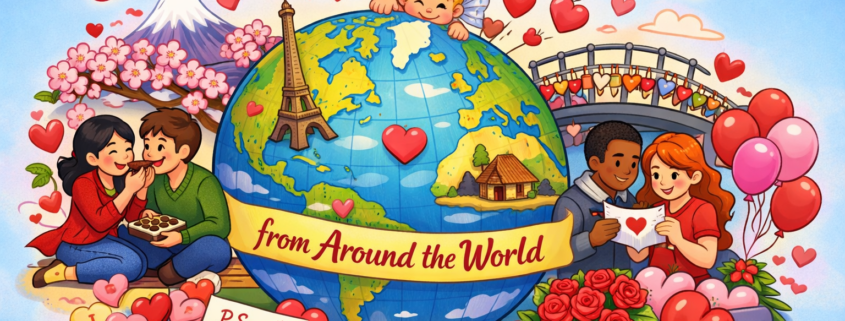 Illustration of a cheerful, cartoon-style globe surrounded by Valentine’s Day scenes from around the world: a couple sharing chocolates in Japan, love locks on a European bridge, flowers, balloons, heart-shaped candies, and handwritten love notes. A playful cupid peeks over the globe as postcards and hearts float through the sky. The title “50 Valentine’s Day Traditions from Around the World” arches above the globe, with bright reds, pinks, yellows, and blues creating a joyful, festive mood. The branding text “FunAttic. Since 1998” appears subtly in the bottom-right corner.