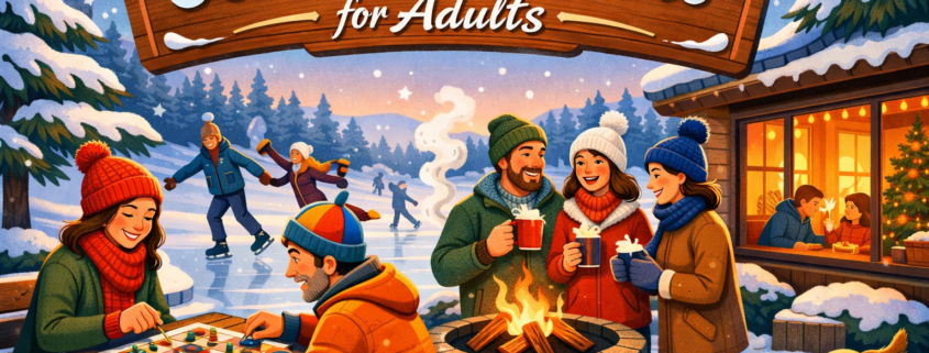 Illustrated winter park scene with adults enjoying ice skating, hot cocoa by a fire pit, and a snowy board game at a wooden table; a dog chases a dropped mitten while steam rises from mugs. Warm indoor cabin glow contrasts with icy blues outdoors. A wooden sign reads “50 Winter Activities for Adults,” with subtle branding “FunAttic. Since 1998” in the bottom-right corner.