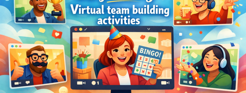Illustration of a cheerful virtual team celebration with diverse coworkers appearing in video call windows around a central screen. The main character, wearing a party hat, holds a Bingo card, while others celebrate with a trophy, confetti, thumbs-up gestures, and drinks. The headline reads “50 january Virtual team building activities,” set against a bright, playful digital background, with subtle branding text “FunAttic. Since 1998” in the bottom-right corner.