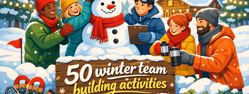 Illustration of a diverse group of coworkers in winter clothing happily building a snowman together in a snowy park near a cozy cabin, with warm string lights and trees in the background. A wooden sign in the snow reads “50 winter team building activities,” and subtle branding text “FunAttic. Since 1998” appears in the bottom-right corner, conveying a cheerful, collaborative winter team-building atmosphere.