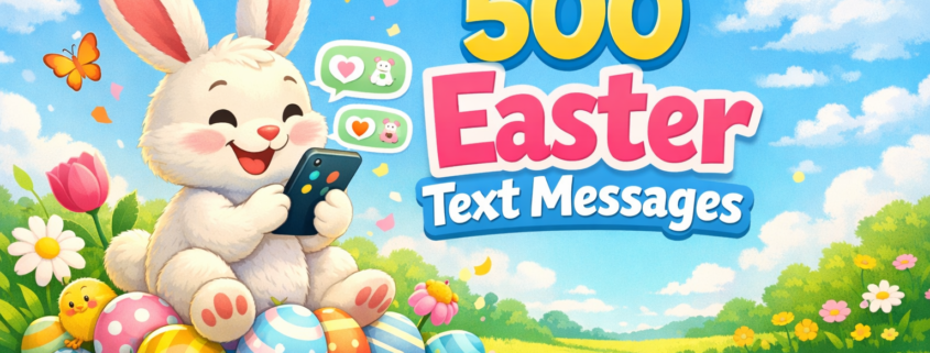 A playful Easter-themed illustration showing a smiling bunny holding a smartphone with colorful message bubbles, surrounded by pastel eggs and spring flowers, with the title “500 Easter Text Messages” displayed prominently.
