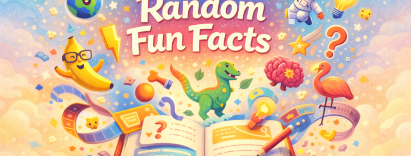 “Bright, playful illustrated blog header showing an open book bursting with colorful, whimsical icons representing fun facts, including a smiling Earth, a banana wearing glasses, a tiny astronaut, a lightning bolt, a dinosaur, a sparkling brain, a flamingo, and floating question marks. The elements swirl upward in an organized, story-like motion against a light, airy background. The headline ‘500 Random Fun Facts’ appears prominently in a bold, friendly font, with subtle branding text ‘FunAttic. Since 1998’ in the bottom-right corner.”