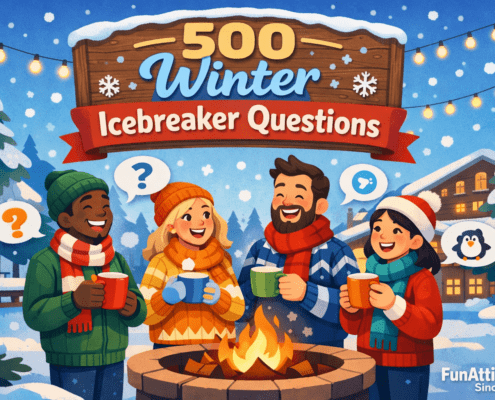 Illustration of a joyful winter gathering in a snowy park courtyard, where a diverse group of cartoon-styled people in colorful sweaters and scarves stand around a glowing fire pit, laughing and holding mugs of hot cocoa. Snow falls gently, string lights glow overhead, and pine trees and a cozy lodge sit in the background. Playful speech bubbles with question marks and winter icons float above the group. A wooden banner in the sky reads “500 Winter Icebreaker Questions,” and subtle text in the bottom-right corner says “FunAttic. Since 1998.”