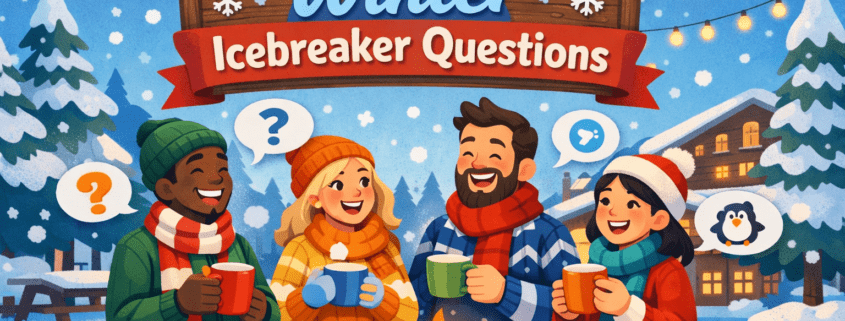 Illustration of a joyful winter gathering in a snowy park courtyard, where a diverse group of cartoon-styled people in colorful sweaters and scarves stand around a glowing fire pit, laughing and holding mugs of hot cocoa. Snow falls gently, string lights glow overhead, and pine trees and a cozy lodge sit in the background. Playful speech bubbles with question marks and winter icons float above the group. A wooden banner in the sky reads “500 Winter Icebreaker Questions,” and subtle text in the bottom-right corner says “FunAttic. Since 1998.”