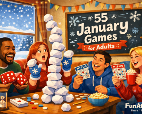 Illustration of a cozy winter living room where a diverse group of adults laugh and play party games—stacking paper snowballs, rolling dice, holding bingo cards, and sipping hot cocoa—while snow falls outside a large window. A playful banner reads “55 January Games for Adults,” and subtle branding “FunAttic. Since 1998” appears in the bottom-right corner.