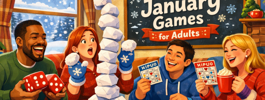 Illustration of a cozy winter living room where a diverse group of adults laugh and play party games—stacking paper snowballs, rolling dice, holding bingo cards, and sipping hot cocoa—while snow falls outside a large window. A playful banner reads “55 January Games for Adults,” and subtle branding “FunAttic. Since 1998” appears in the bottom-right corner.