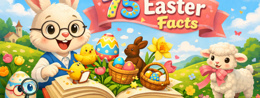 Playful Easter illustration showing a smiling bunny in glasses reading a large open book as colorful eggs, chicks, baskets, and spring flowers pop out; a lamb with a pink bow stands nearby in a sunny spring landscape, with the title “75 Easter Facts” on a banner and subtle “FunAttic. Since 1998” branding in the bottom-right corner.