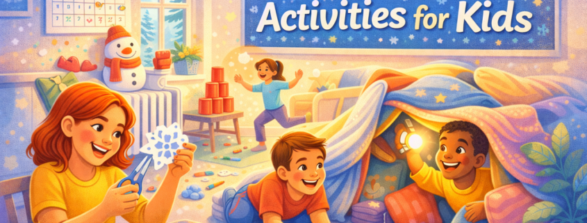 “Bright, playful illustrated blog header showing kids enjoying cozy January activities indoors. One child cuts paper snowflakes at a table, another builds a pillow fort, one draws with crayons on the floor, and another plays a simple indoor game in the background. Winter details include a snowman-shaped lamp, a January calendar, and mittens warming near a radiator. The headline ‘75 January Activities for Kids’ appears on a wall banner, with subtle branding text ‘FunAttic. Since 1998’ in the bottom-right corner.”