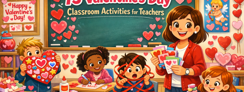 Cheerful Valentine’s Day classroom illustration with a smiling teacher holding colorful paper hearts beside a heart-decorated chalkboard reading “75 Valentine’s Day Classroom Activities for Teachers,” while diverse elementary students create cards, cut hearts, tangle with ribbon, and stack candy hearts in a bright, festive room; FunAttic branding appears in the bottom-right.