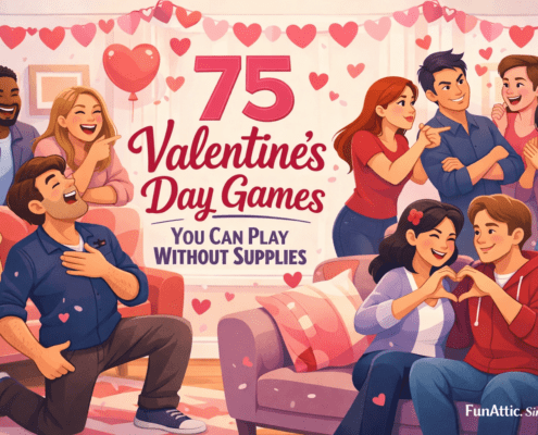 Illustrated 16:9 blog header showing a joyful Valentine’s Day gathering in a bright, cozy living room. A diverse group of friends, couples, and families laugh and interact while playing no-supplies games—one person dramatically acts out love-themed charades as others cheer, point, and make heart shapes with their hands. The clean, modern cartoon style uses bright Valentine colors (pinks, reds, corals, soft purples) with white space for text. The title “75 Valentine’s Day Games You Can Play Without Supplies” is integrated into the design, with subtle heart accents throughout, and small branding text “FunAttic. Since 1998” appears in the bottom-right corner.
