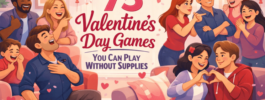 Illustrated 16:9 blog header showing a joyful Valentine’s Day gathering in a bright, cozy living room. A diverse group of friends, couples, and families laugh and interact while playing no-supplies games—one person dramatically acts out love-themed charades as others cheer, point, and make heart shapes with their hands. The clean, modern cartoon style uses bright Valentine colors (pinks, reds, corals, soft purples) with white space for text. The title “75 Valentine’s Day Games You Can Play Without Supplies” is integrated into the design, with subtle heart accents throughout, and small branding text “FunAttic. Since 1998” appears in the bottom-right corner.