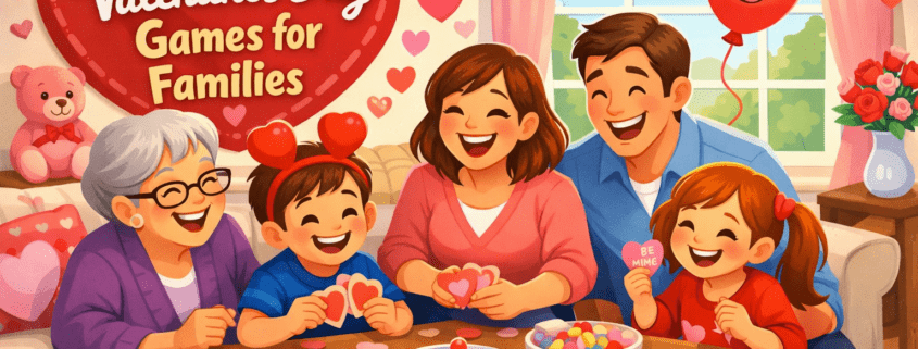 Joyful Valentine’s Day illustration of a multi-generation family laughing and playing heart-themed games around a coffee table in a bright, cozy living room, with pink and red decorations, a smiling balloon, and a heart-shaped banner reading “75 Valentine’s Day Games for Families,” plus subtle “FunAttic. Since 1998” branding in the corner.