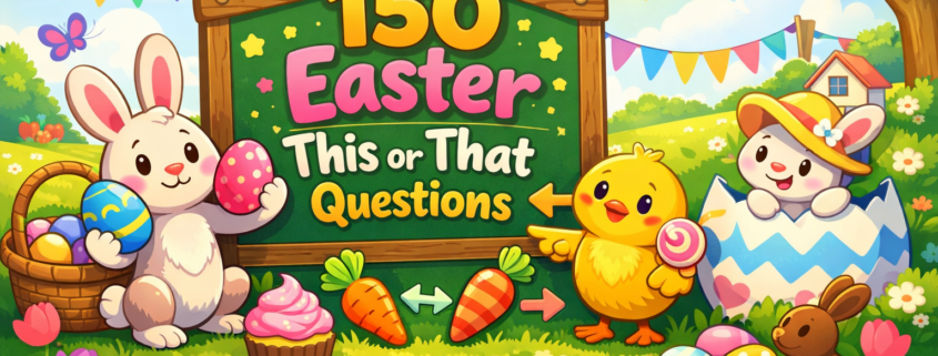Playful Easter-themed illustration with a cheerful spring landscape, featuring cute bunnies and a chick gathered around a wooden sign that reads “150 Easter This or That Questions,” surrounded by colorful decorated eggs, carrots, flowers, and festive bunting under a sunny sky, with subtle “FunAttic. Since 1998” branding in the bottom-right corner.