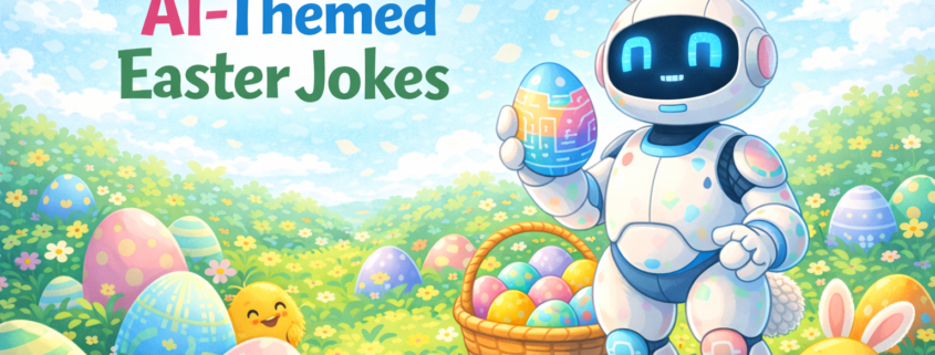 FunAttic-style Easter blog header illustration featuring a friendly robot Easter bunny with a smooth white body and pastel accents, standing in a sunny spring meadow filled with colorful eggs. Some eggs display subtle tech details like circuit patterns and glowing pixel designs, while others are classic pastel Easter eggs. Curious baby chicks peek around the robot, and a basket of eggs sits nearby. The headline reads “200 AI-Themed Easter Jokes,” with clean negative space around the text and subtle branding “FunAttic. Since 1998” in the bottom-right corner.
