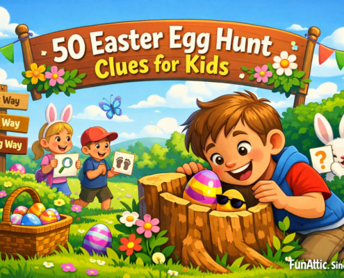 “Colorful, cartoon-style illustration of a joyful Easter egg hunt in a sunny spring garden. A smiling child finds a striped Easter egg hidden inside a tree stump, while other kids follow clue cards nearby. A playful bunny and bright flowers add whimsy. A wooden banner reads ‘50 Easter Egg Hunt Clues for Kids,’ with subtle branding ‘FunAttic. Since 1998’ in the bottom-right corner.”