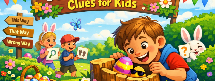 “Colorful, cartoon-style illustration of a joyful Easter egg hunt in a sunny spring garden. A smiling child finds a striped Easter egg hidden inside a tree stump, while other kids follow clue cards nearby. A playful bunny and bright flowers add whimsy. A wooden banner reads ‘50 Easter Egg Hunt Clues for Kids,’ with subtle branding ‘FunAttic. Since 1998’ in the bottom-right corner.”