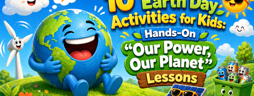 10 Earth Day Activities for Kids: Hands-On "Our Power, Our Planet" Lessons" in a cheerful, bold font (yellow­ and green colors). Around the laughing Earth and text are subtle humorous elements: a cloud with a thought bubble containing a lightning bolt emoji, a playful wind turbine with googly eyes, a small solar panel soaking up sun with sunglasses, and a recycling bin full of smiling aluminum cans. The overall mood is joyful, clean, and professional. The color palette is bright and fresh with lime greens, azure blues, sunny yellows, and cheerful oranges. Lighting is bright, even, and celebratory. T In the bottom-right corner, the subtle branding "FunAttic. Since 1998" is clearly visible in a clean, modern, legible font.