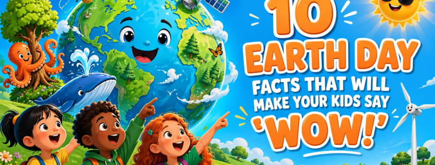 A playful landscape illustration featuring a group of three diverse, excited children with wide, open-mouthed "Wow!" expressions, pointing and looking at stylized natural wonders on a bright, cheerful Planet Earth. The Earth is the large central focal point, to the left on a lush green, rolling hill under a vibrant sky with swirling clouds, a glowing sun wearing cool sunglasses, and a friendly-looking wind turbine. The large, bubbly, orange and white text "10 EARTH DAY FACTS THAT WILL MAKE YOUR KIDS SAY 'WOW!'" is integrated naturally into the blue sky to the right of the Earth and children, using a bold, clean font. Around the Earth are small, humorous elements related to biodiversity and conservation: a smiling blue whale spouting water, a cheerful bee carrying pollen, a tree being hugged by an octopus, and a tiny satellite made of recycled cans. The overall tone is joyful, uplifting, and celebratory, with a bright color palette of emerald greens, azure blues, sunny yellows, and cheerful oranges. In the bottom-right corner, the subtle branding "FunAttic. Since 1998" is clearly visible in a clean, modern white font.