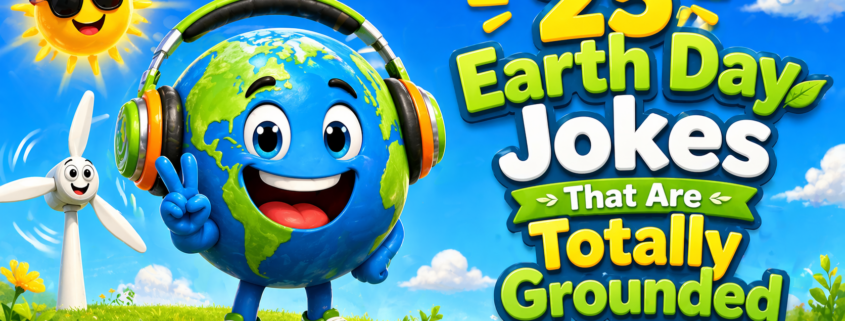 A playful, modern vector illustration for a 16:9 landscape blog header, featuring a stylized Planet Earth character laughing heartily, holding its "sides" (equator). The Earth character is sitting comfortably on a soft green, grassy hill, which transitions smoothly into a brighter, clear blue sky with smiling, fluffy white clouds. Large, bubbly, highly legible text is naturally integrated into the sky and hill to the right of the laughing Earth: "25 EARTH DAY JOKES THAT ARE TOTALLY GROUNDED" in a cheerful, bold font (yellow­ and green colors). Around the laughing Earth and text are subtle humorous elements: a cloud with a thought bubble containing a lightning bolt emoji, a playful wind turbine with googly eyes, a small solar panel soaking up sun with sunglasses, and a recycling bin full of smiling aluminum cans. The overall mood is joyful, clean, and professional. The color palette is bright and fresh with lime greens, azure blues, sunny yellows, and cheerful oranges. Lighting is bright, even, and celebratory. The layout has a clear focal point slightly off-center left (the Earth), balanced by the integrated text and negative space to the right. In the bottom-right corner, the subtle branding "FunAttic. Since 1998"