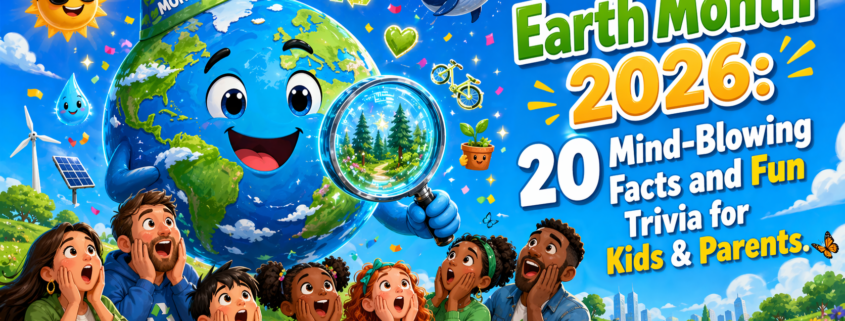 A bright, cartoon-style Earth Month banner featuring a smiling, animated Earth holding a magnifying glass that reveals a tiny forest. Two sets of joyful parents and three children stand in the foreground on a green hillside, gazing upward with amazed expressions and hands on their cheeks. Colorful eco-themed icons—like a whale, recycling symbol, bee, and sun wearing sunglasses—float in a vibrant blue sky with confetti. Large, bold text on the right reads: “Earth Month — 20 Mind-Blowing Facts and Fun Trivia for Kids & Parents.” The scene is playful, colorful, and celebratory, with flowers, wind turbines, and a city skyline in the background.
